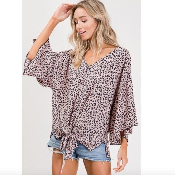 Leopard Forever Pink Black Animal Print Tie Front Kimono Wrap Top - Picture 4 of 4